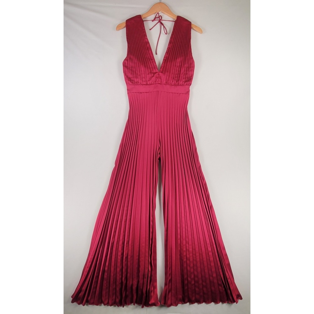 Abercrombie & Fitch Satin Pleated Wide Leg Jumpsuit Burgundy Halter SP